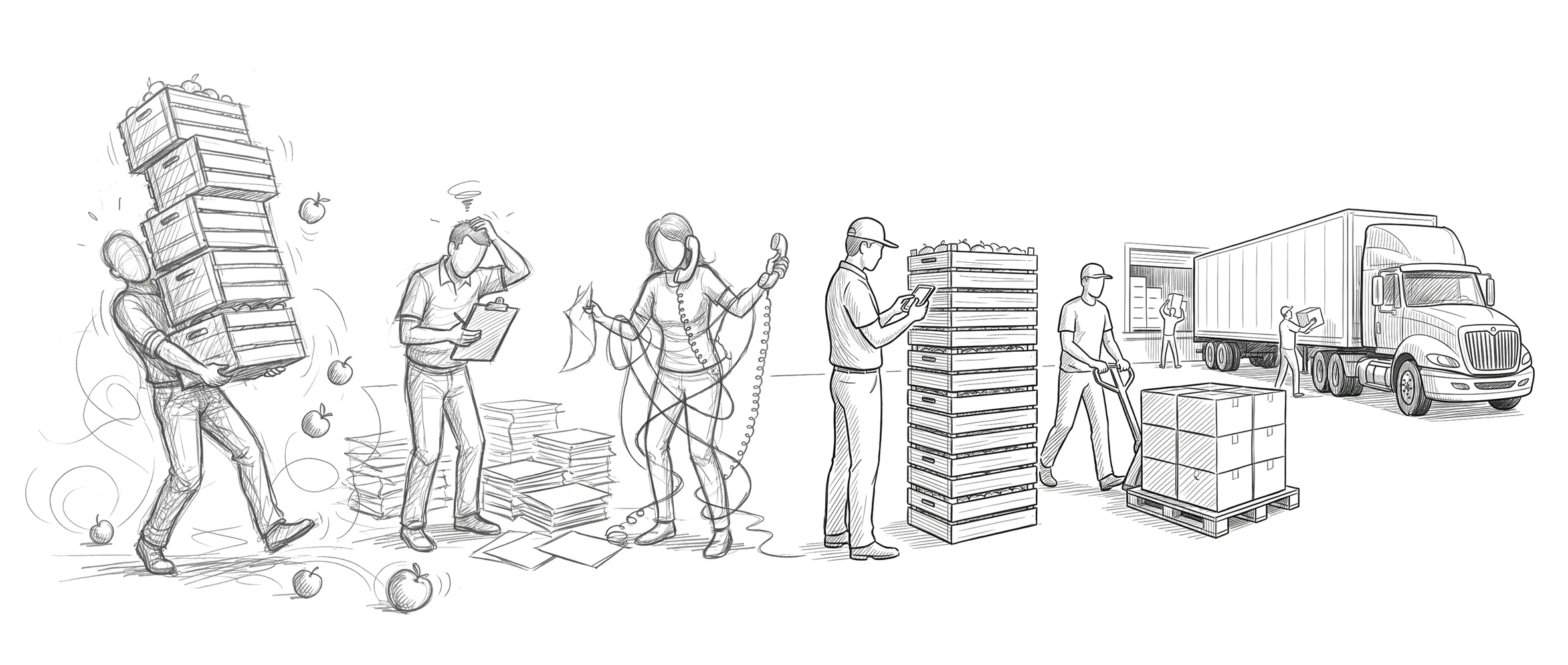 Sketch of a produce crew going from struggle to flow: a worker staggering under hand-carried crates, another buried in paperwork, a third tangled in a phone cord, resolving into the same crew working calmly with a handheld, a loaded pallet jack, and a semi truck loading at the dock